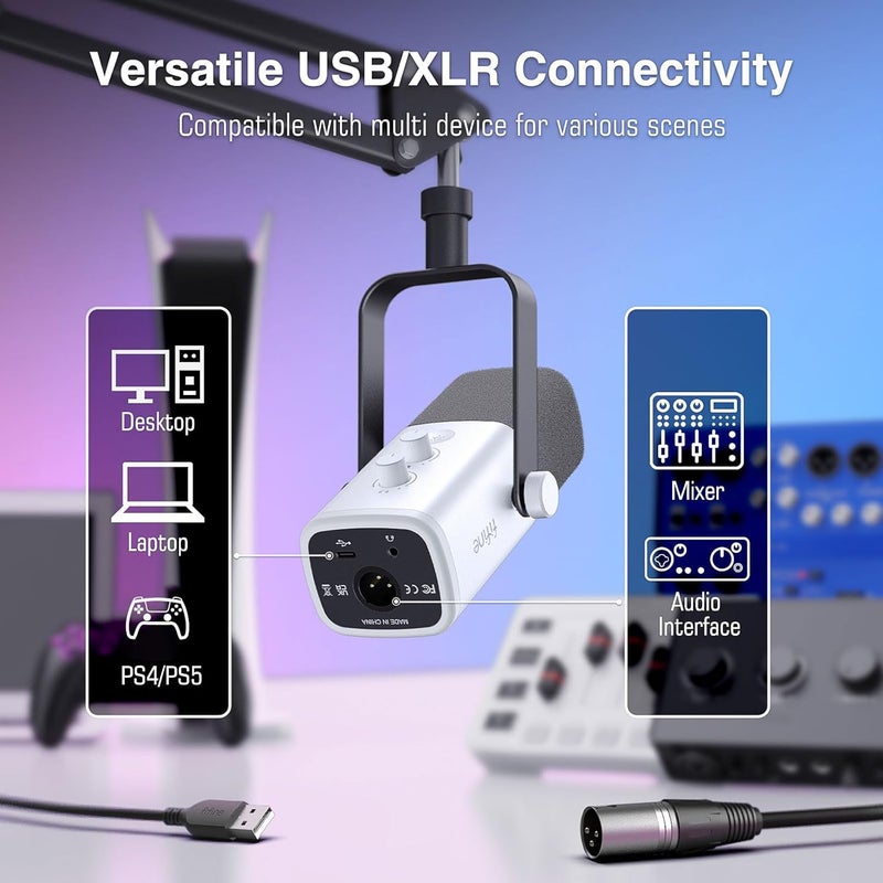 FIFINE طقم ميكروفون ألعاب XLR/USB، مجموعة ميكروفون ديناميكي للبث لجهاز الكمبيوتر، ميكروفون الكمبيوتر لتسجيل الصوت والبودكاست، مع جاك سماعات، زر التحكم في الصوت، حامل ذراع - AmpliGame AM8T أبيض - Image 3